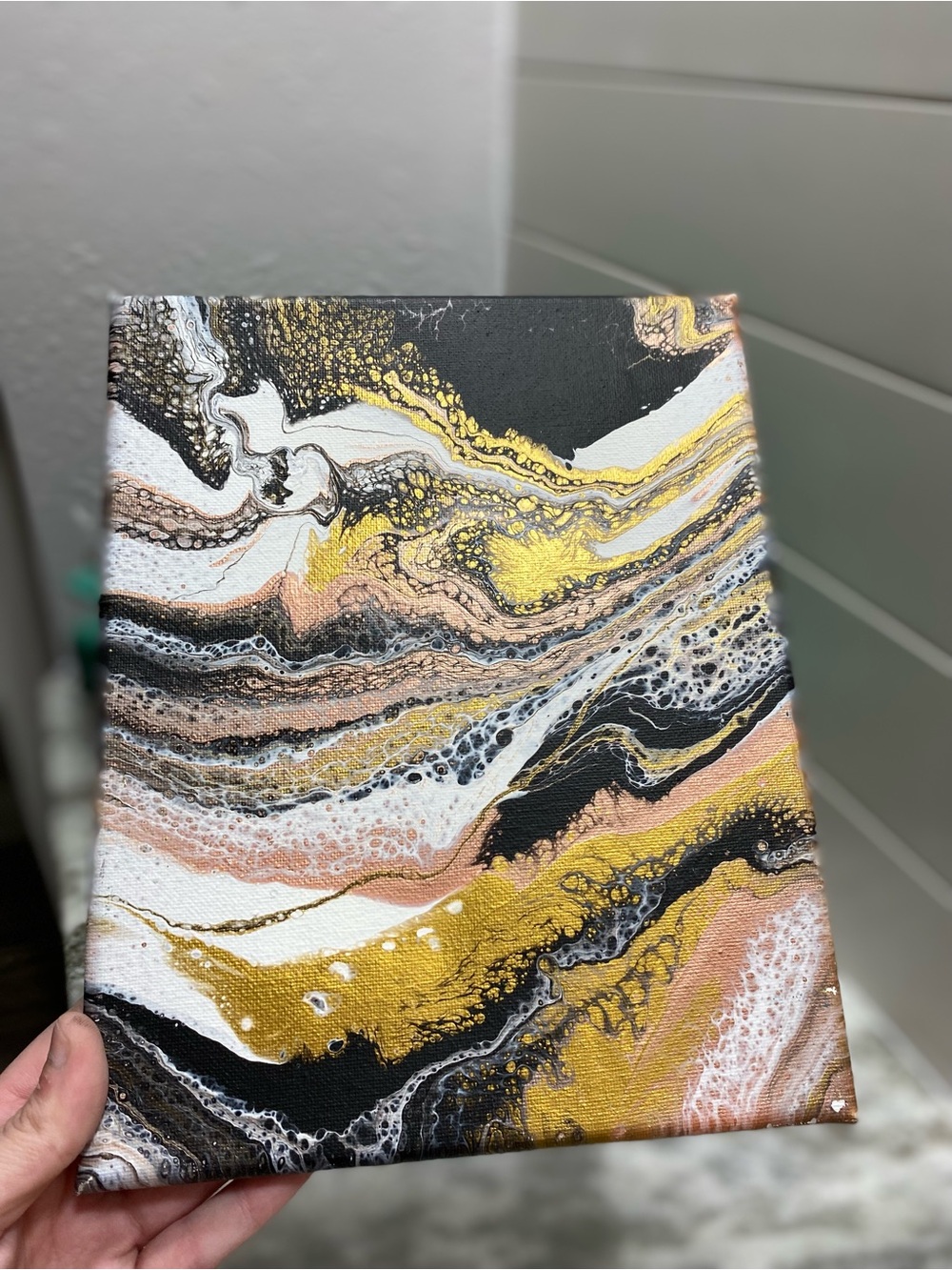 Abstract Canvas Art with Gold, Rose Gold, Black, and White Swirls